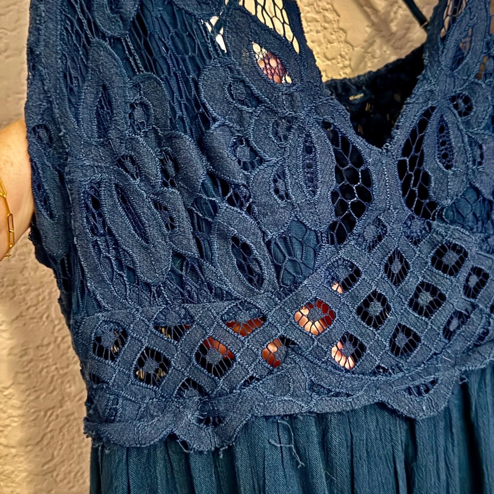 FP One Adella Maxi Slip Dress Size Medium Teal Jewel Turquoise Lace Sheer Flowy